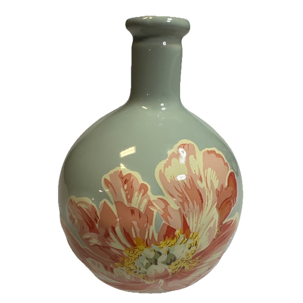 April Cornell for Silvestri Vase 7" Green With Pink Peony Floral Design